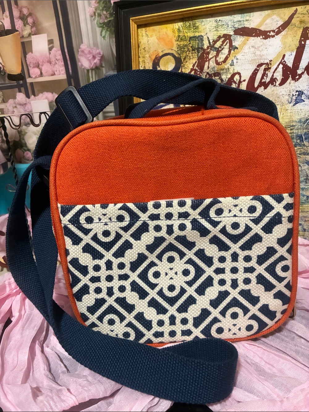 Spartina- Orange & Navy Patterned Insulated lunch bag